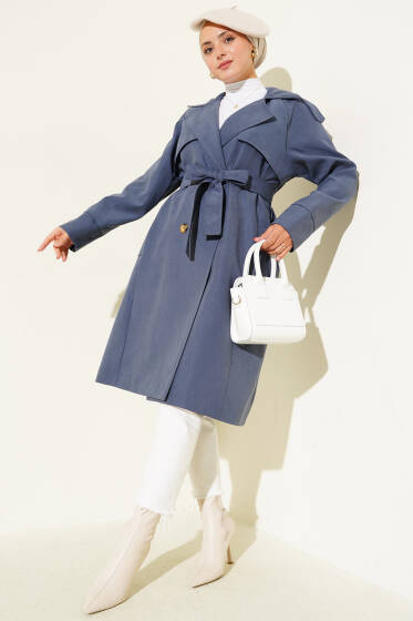 Omuz Apoletli Düğme Detaylı Trençkot İndigo - Trençkot