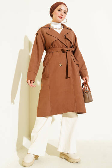 Omuz Apoletli Düğme Detaylı Trençkot Kahve - Trençkot