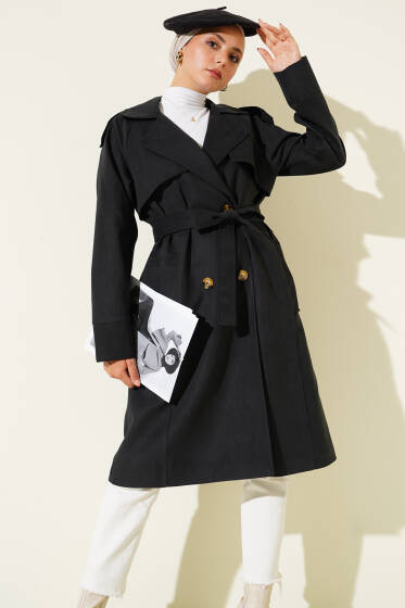 Omuz Apoletli Düğme Detaylı Trençkot Siyah - Trençkot