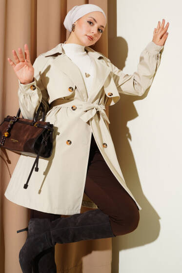 Omuz Apoletli Düğmeli Astarsız Trençkot Bej - Trençkot