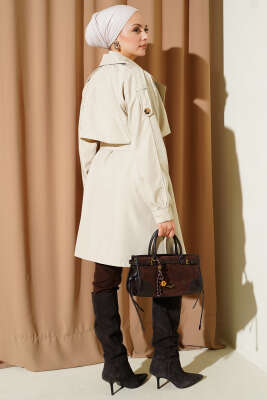 Omuz Apoletli Düğmeli Astarsız Trençkot Bej - Trençkot