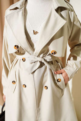 Omuz Apoletli Düğmeli Astarsız Trençkot Bej - Trençkot