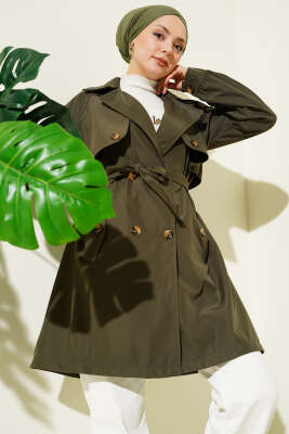 Omuz Apoletli Düğmeli Astarsız Trençkot Haki 