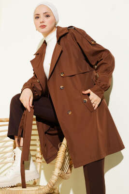 Omuz Apoletli Düğmeli Astarsız Trençkot Kahve - TEGOE