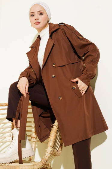 Omuz Apoletli Düğmeli Astarsız Trençkot Kahve - Trençkot