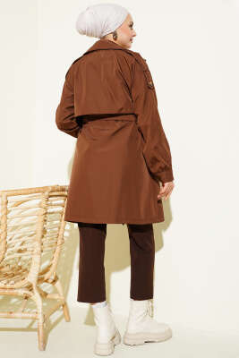 Omuz Apoletli Düğmeli Astarsız Trençkot Kahve - Trençkot