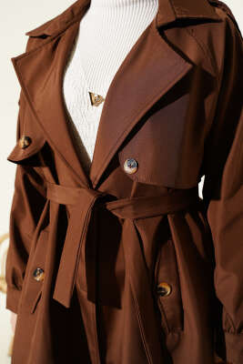 Omuz Apoletli Düğmeli Astarsız Trençkot Kahve - Trençkot