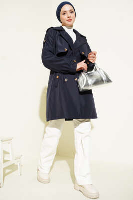 Omuz Apoletli Düğmeli Astarsız Trençkot Lacivert - Trençkot