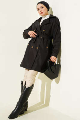 Omuz Apoletli Düğmeli Astarsız Trençkot Siyah - Trençkot