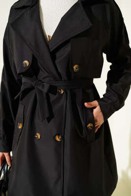 Omuz Apoletli Düğmeli Astarsız Trençkot Siyah - Trençkot