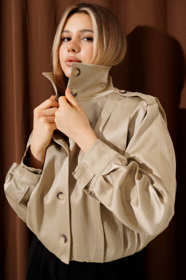 Omuz Apoletli Düğmeli Ceket Bej - Kadın Giyim Modelleri