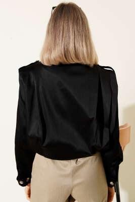 Omuz Apoletli Düğmeli Ceket Siyah - Kadın Giyim Modelleri