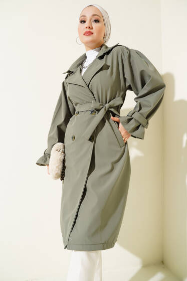Omuz Apoletli Düğmeli Trençkot Haki - Trençkot
