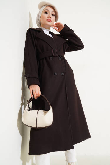 Omuz Apoletli Düğmeli Uzun Kaşe Kaban Acı Kahve - Kaban