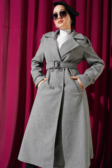 Omuz Apoletli Düğmeli Uzun Kaşe Kaban Gri - Kaban