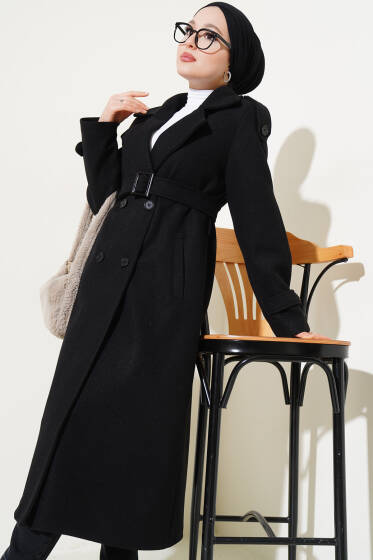 Omuz Apoletli Düğmeli Uzun Kaşe Kaban Siyah - Kaban