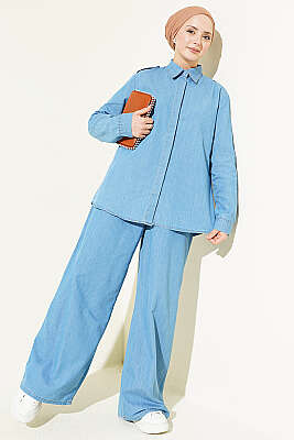 Omuz Apoletli Gizli Düğmeli Kot İkili Takım Açık Mavi - HATUN