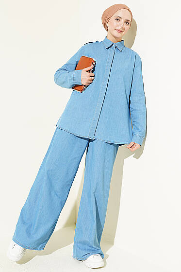Omuz Apoletli Gizli Düğmeli Kot İkili Takım Açık Mavi - İkili Takım