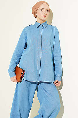 Omuz Apoletli Gizli Düğmeli Kot İkili Takım Açık Mavi - İkili Takım