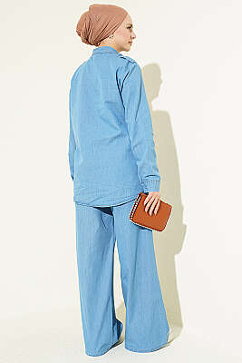 Omuz Apoletli Gizli Düğmeli Kot İkili Takım Açık Mavi - İkili Takım