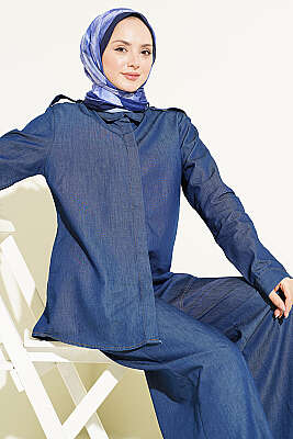 Omuz Apoletli Gizli Düğmeli Kot İkili Takım Koyu Mavi - HATUN