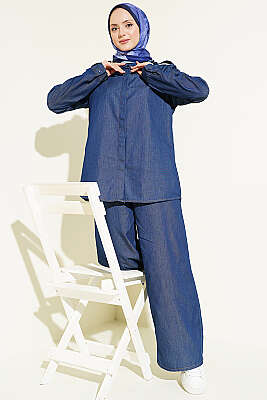 Omuz Apoletli Gizli Düğmeli Kot İkili Takım Koyu Mavi - İkili Takım