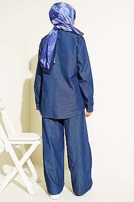 Omuz Apoletli Gizli Düğmeli Kot İkili Takım Koyu Mavi - İkili Takım