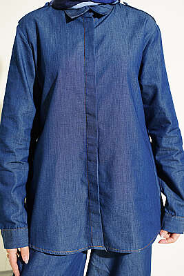 Omuz Apoletli Gizli Düğmeli Kot İkili Takım Koyu Mavi - İkili Takım