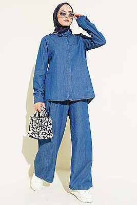 Omuz Apoletli Gizli Düğmeli Kot İkili Takım Mavi - HATUN