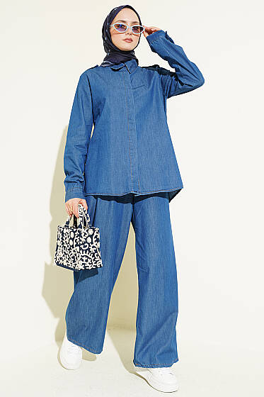 Omuz Apoletli Gizli Düğmeli Kot İkili Takım Mavi - İkili Takım