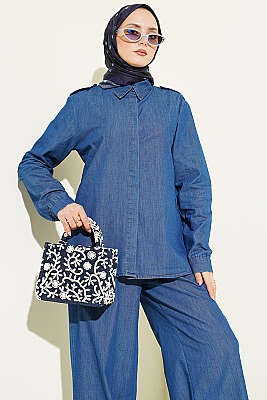 Omuz Apoletli Gizli Düğmeli Kot İkili Takım Mavi - İkili Takım