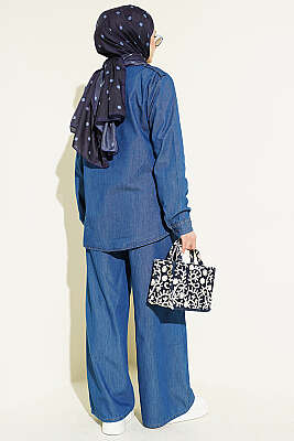 Omuz Apoletli Gizli Düğmeli Kot İkili Takım Mavi - İkili Takım