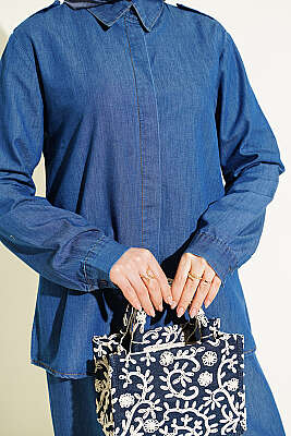 Omuz Apoletli Gizli Düğmeli Kot İkili Takım Mavi - İkili Takım