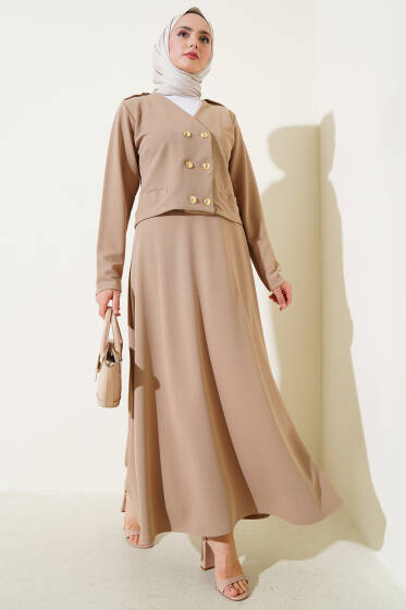 Omuz Apoletli Gold Düğmeli Etekli Takım Bej - İkili Takım