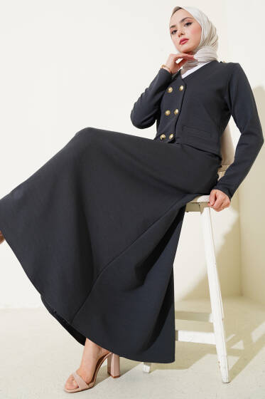 Omuz Apoletli Gold Düğmeli Etekli Takım Füme - İkili Takım