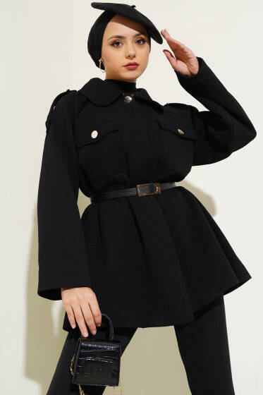 Omuz Apoletli Kemerli Ceket Siyah - Ceket