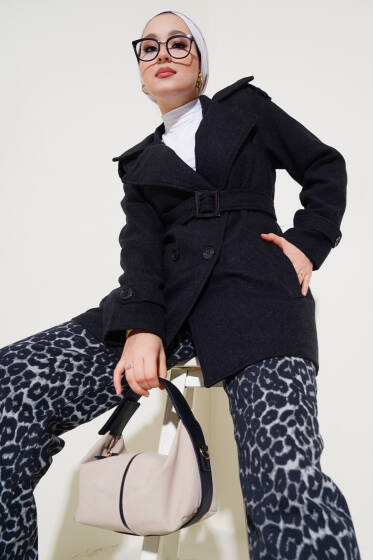 Omuz Apoletli Kısa Kaşe Kaban Antrasit - Kaban