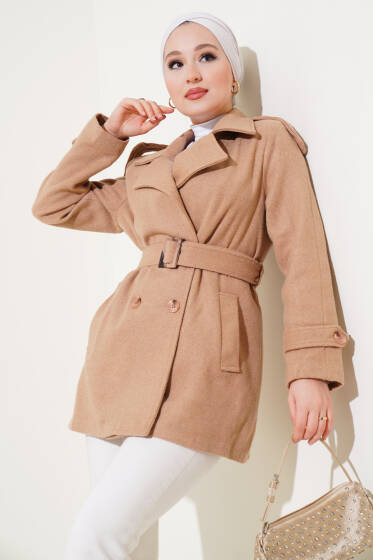 Omuz Apoletli Kısa Kaşe Kaban Camel - Kaban