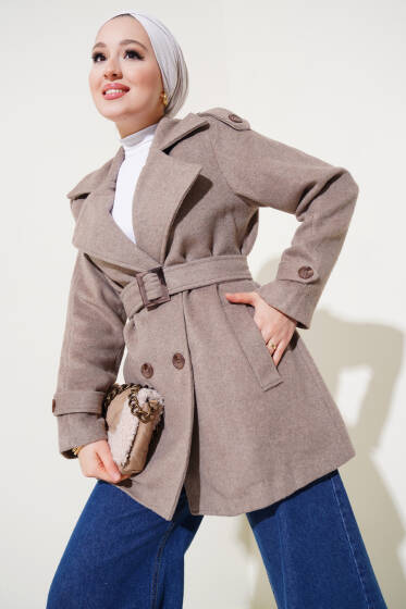 Omuz Apoletli Kısa Kaşe Kaban Sütlü Kahve - Kaban