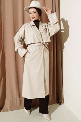 Omuz Apoletli Kruvaze Deri Trençkot Bej - TABLO FASHİON