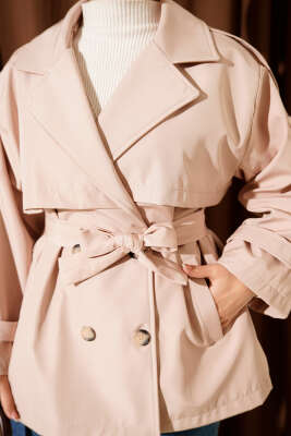 Omuz Apoletli Kuşaklı Trençkot Bej - Trençkot