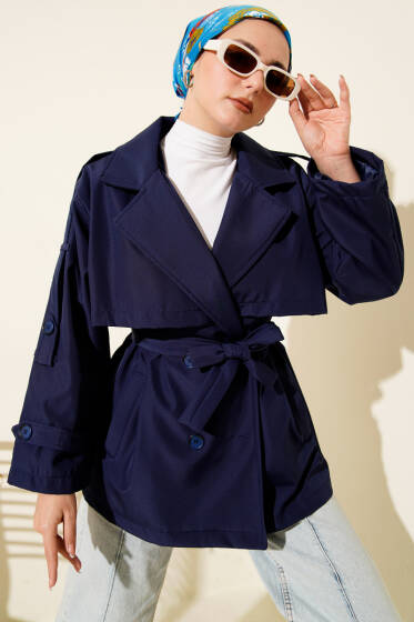 Omuz Apoletli Kuşaklı Trençkot Lacivert - Trençkot