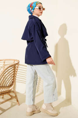 Omuz Apoletli Kuşaklı Trençkot Lacivert - Trençkot