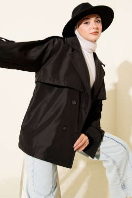 Omuz Apoletli Kuşaklı Trençkot Siyah - DUFON