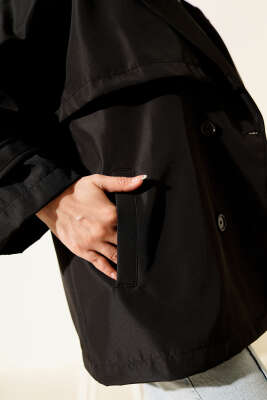 Omuz Apoletli Kuşaklı Trençkot Siyah - Trençkot