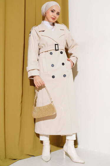 Omuz Apoletli Kuşaklı Uzun Kaşe Kaban Bej - Kaban