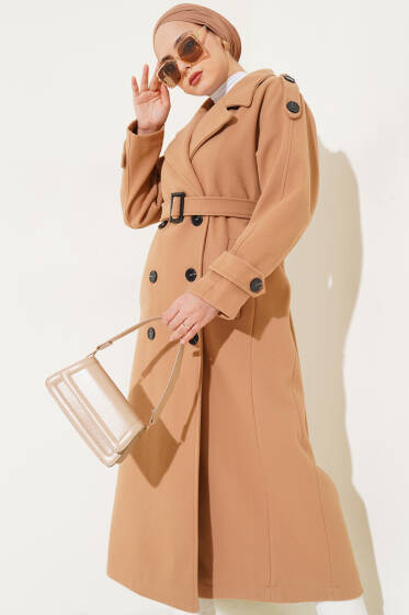 Omuz Apoletli Kuşaklı Uzun Kaşe Kaban Camel - Kaban