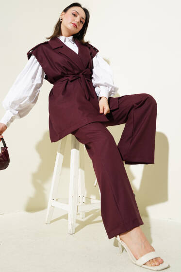 Omuz Apoletli Kuşaklı Yelekli İkili Takım Bordo - İkili Takım