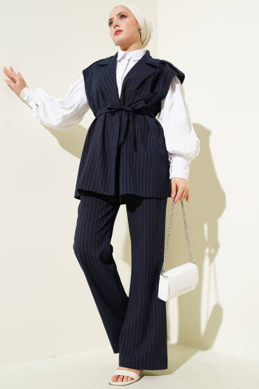 Omuz Apoletli Kuşaklı Yelekli İkili Takım Lacivert - İkili Takım