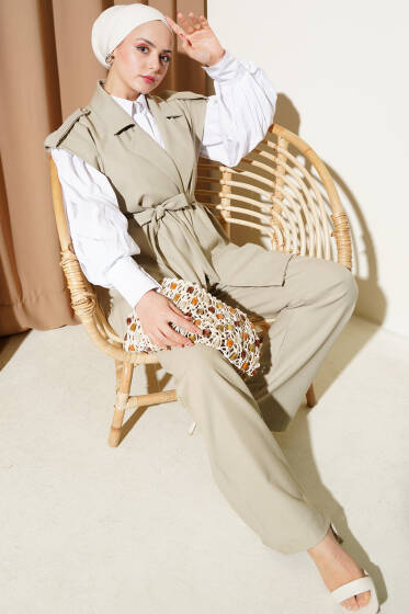 Omuz Apoletli Kuşaklı Yelekli İkili Takım Taş - İkili Takım